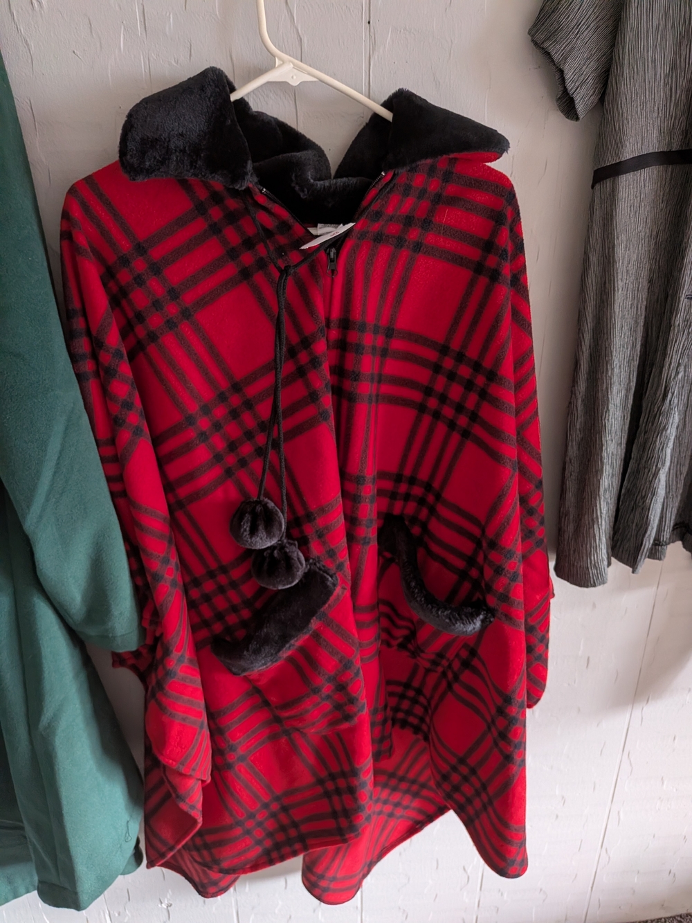 Red Plaid Hooded Cape with Black Faux Fur Trim
